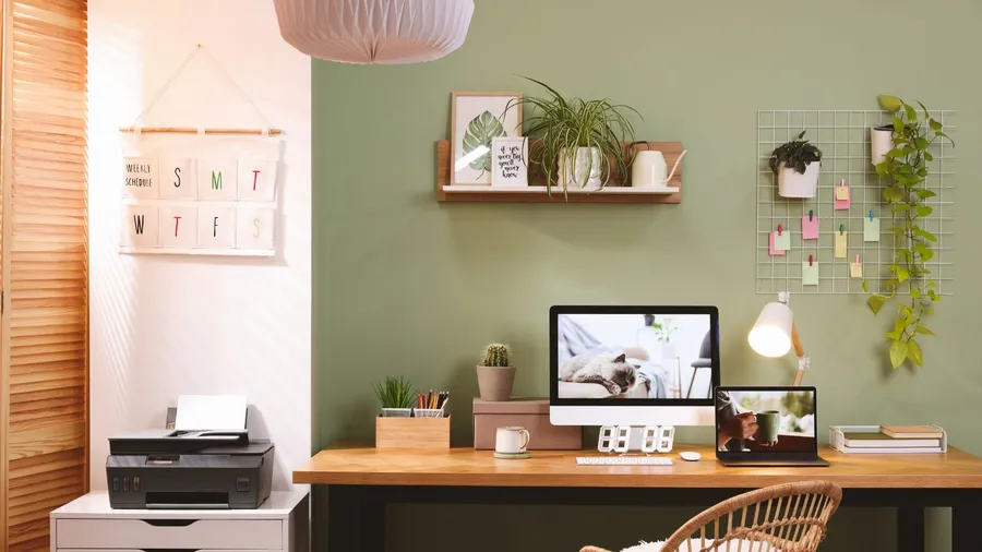 A home office interior with wooden desk, chair, floating shelf with potted plant and decor accents, and a mesh grid with plants and reminders.