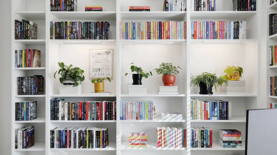 A white wooden bookshelf with books, poster, and potted plants.