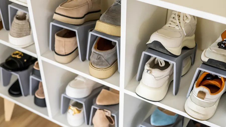 A white shoe rack with shoes organized in it.