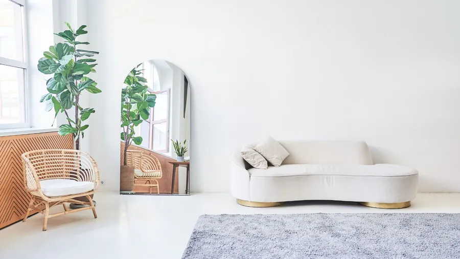 A bright, minimalist room featuring a curved cream-colored sofa, a tall arched mirror reflecting a plant and a window, a light wood rattan chair with a white cushion, a large green plant in a pot, and a grey textured rug.