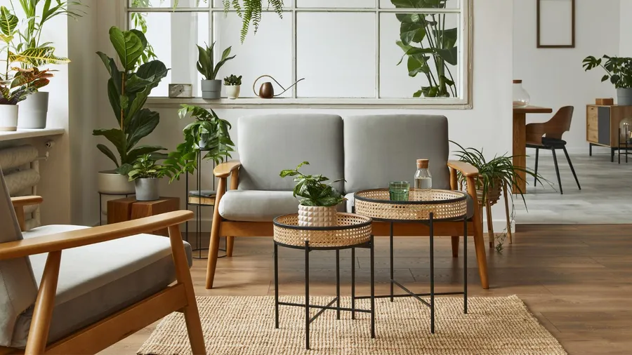 A living room interior with cozy sofa, rattan coffee tables, jute rug, and houseplants.