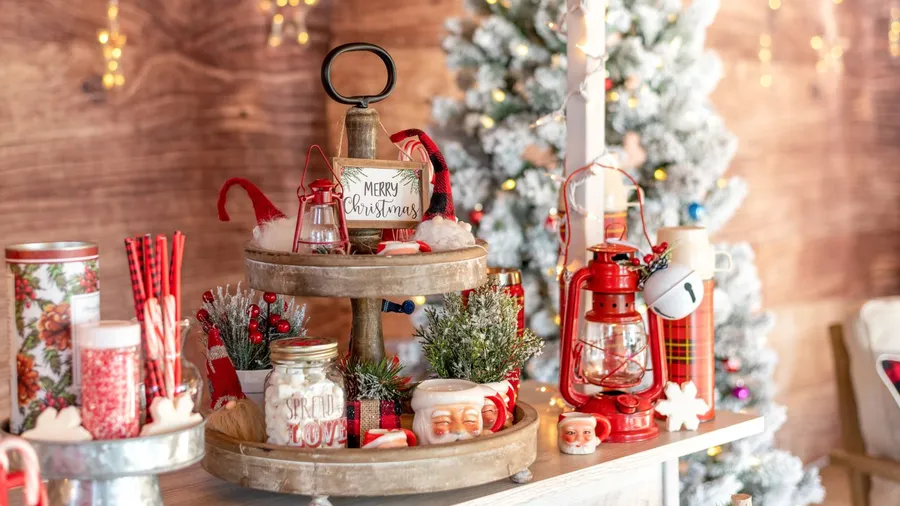 Hot cocoa station set up on a wooden table with tiered tray, lanterns, and ornaments.