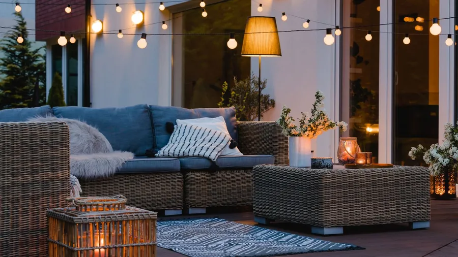 A beautiful patio with outdoor furniture, woven lantern, floor lamp, throw pillows, and edison bulbs illuminating the space.