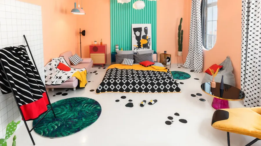 Colorful bedroom with geometric patterns, black and white diamond-patterned bedding, and vibrant decor.