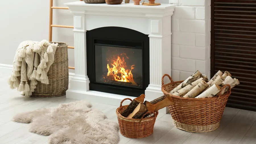 A cozy living room with modern fireplace, woven baskets with firewood, and faux fur rug.
