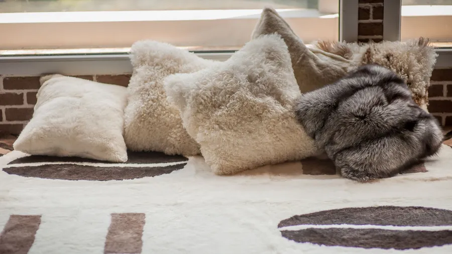Faux fur throw pillows on a rug near a window.
