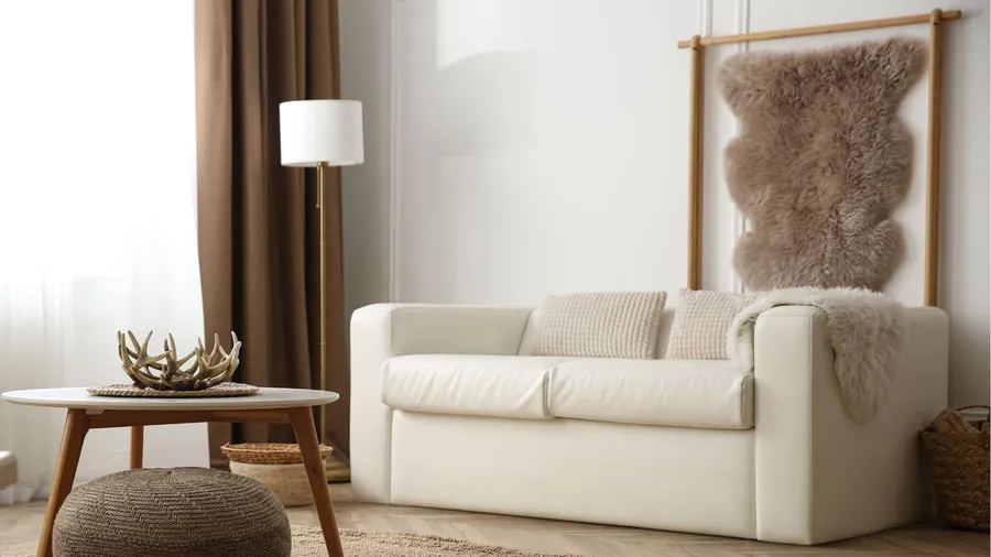 A stylish living room interior with a cozy sofa, coffee table, floor cushion, lamp, and a faux fur wall hanging.