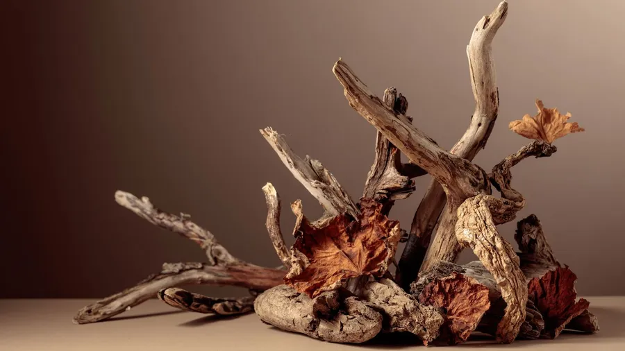 A driftwood centerpiece on a beige surface.