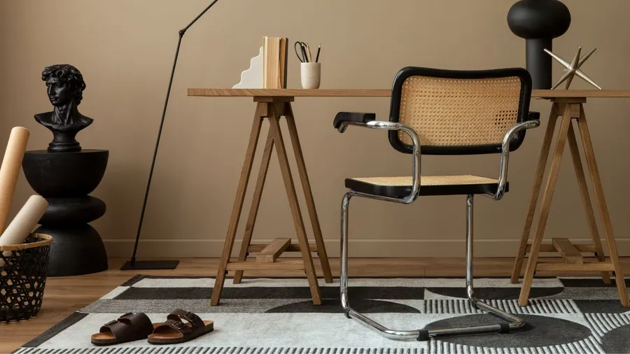 A minimalistic home office with a wooden desk, a cane chair, a bust sculpture, and decorative items.