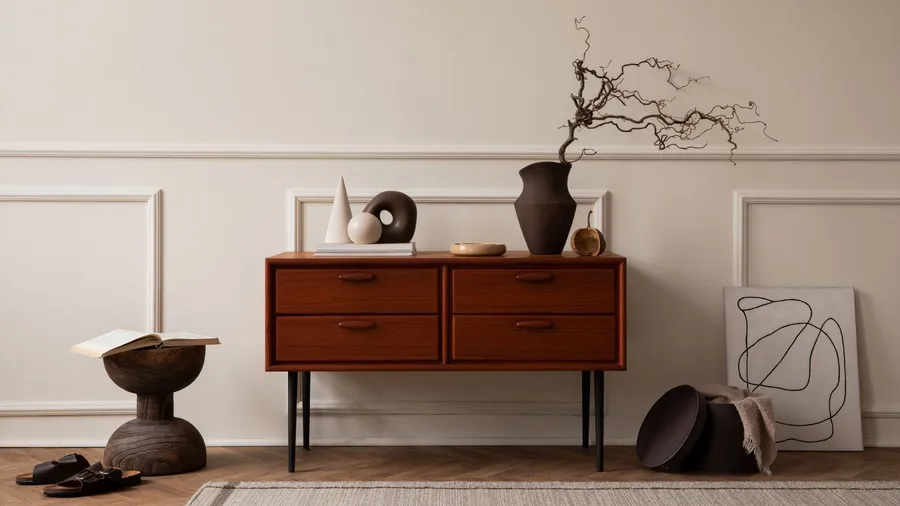 A minimalist interior with a wooden dresser, decorative objects including a vase with dry branches, abstract art, and a neutral color palette.