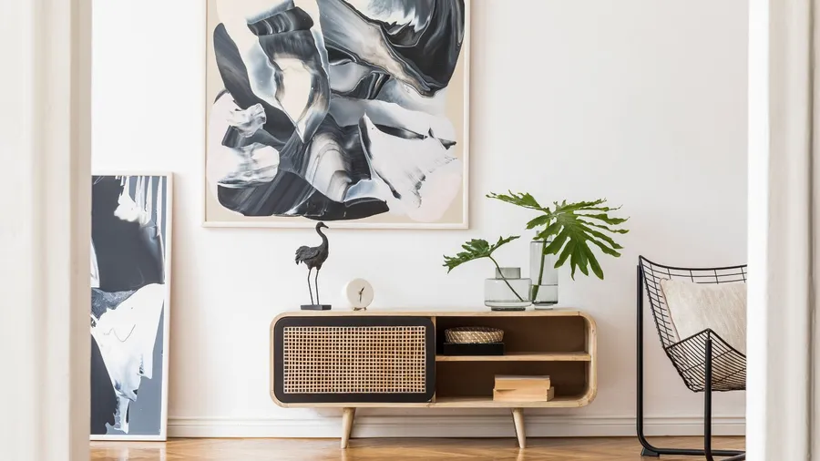 Minimalist interior with a modern abstract black-and-white painting and simple decor.