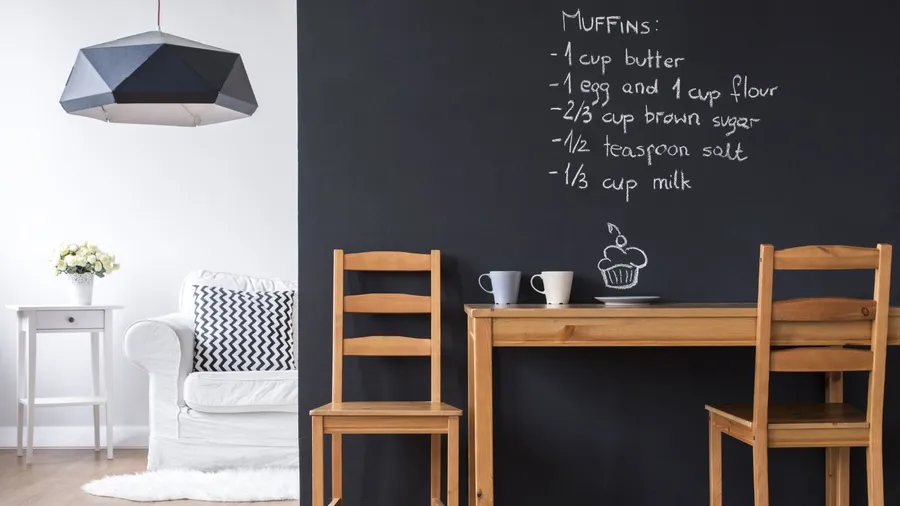A wooden table and a chair in front of a chalkboard wall with muffins recipe written on it.
