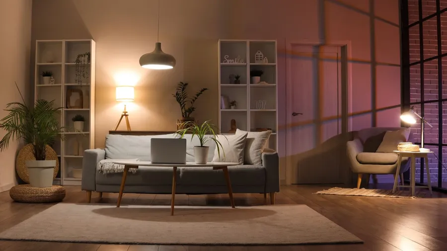 Cozy living room with shelves, a sofa, and warm lighting.