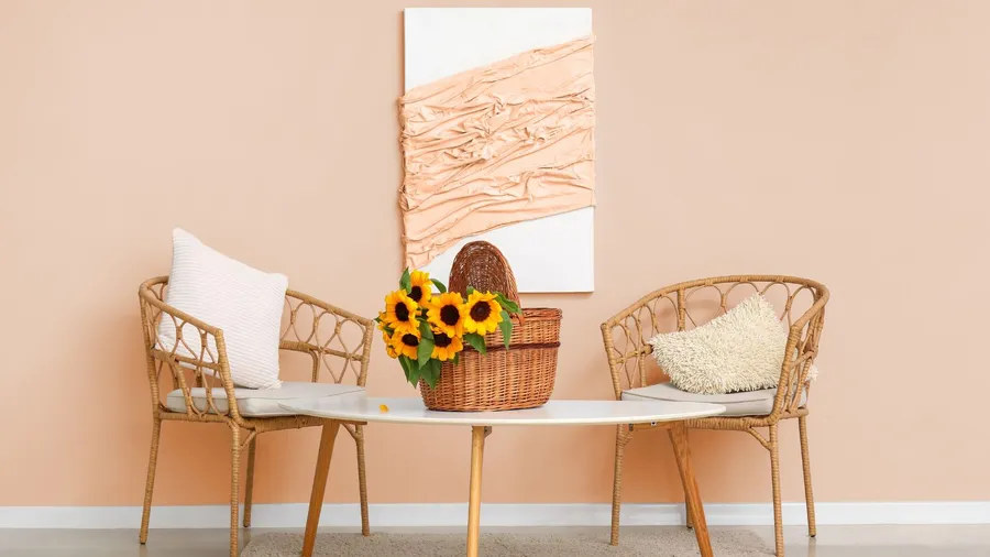 Rattan chairs and table with a woven basket with sunflowers in it in front of a peach wall.