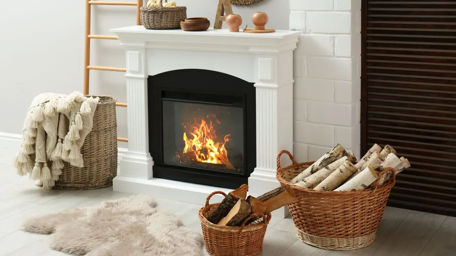A faux fur rug and firewood near a fireplace in the living room.