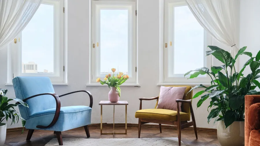 Bright, minimalistic sitting area with two colorful armchairs and large potted plants.