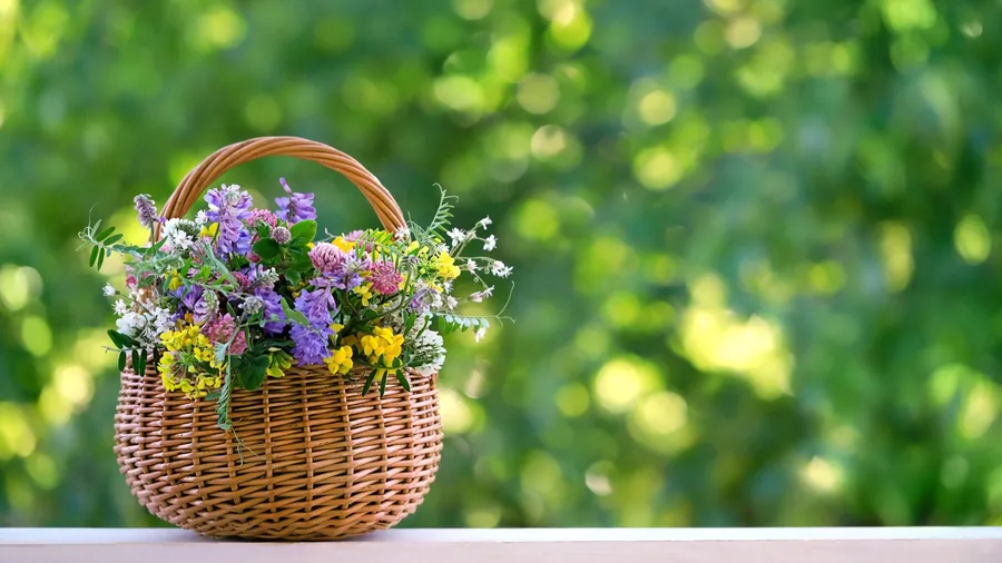 A wicker basket filled with different flowers.