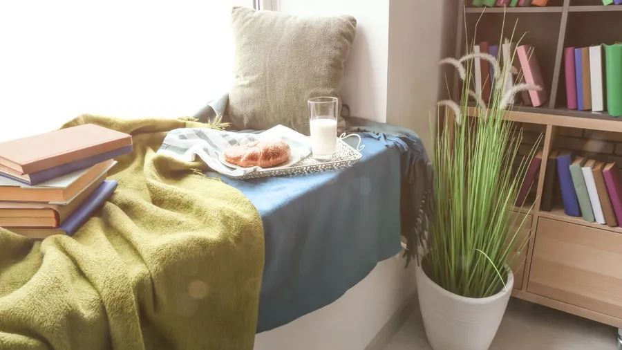 A cozy window seat with cushion, books, throw blanket, and a tray with a snack and a glass of milk.