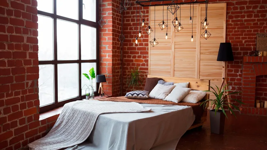 A modern bedroom interior with exposed brick wall, potted plants, and statement ceiling light fixture.
