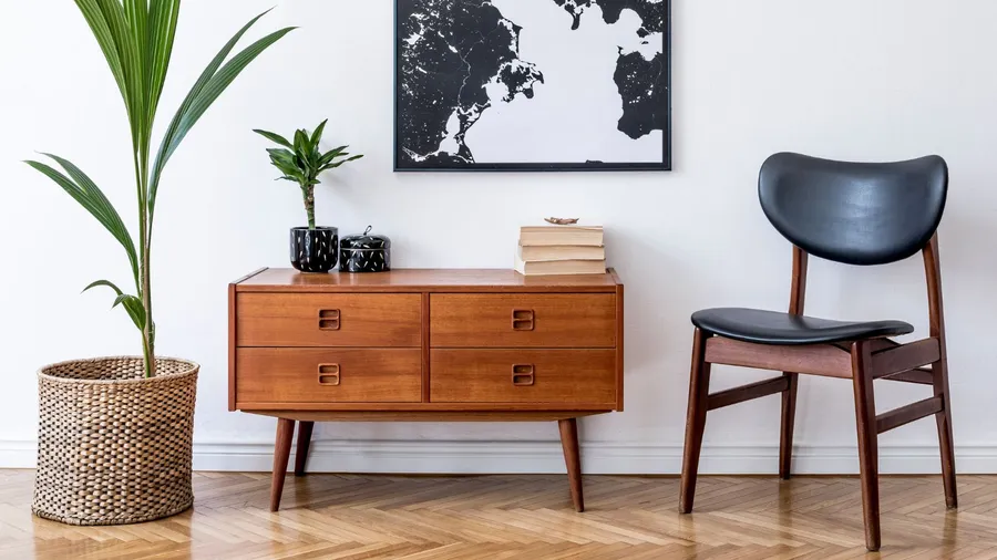 A living room interior with a retro console with books and potted plant, a chair, and art on a white wall.