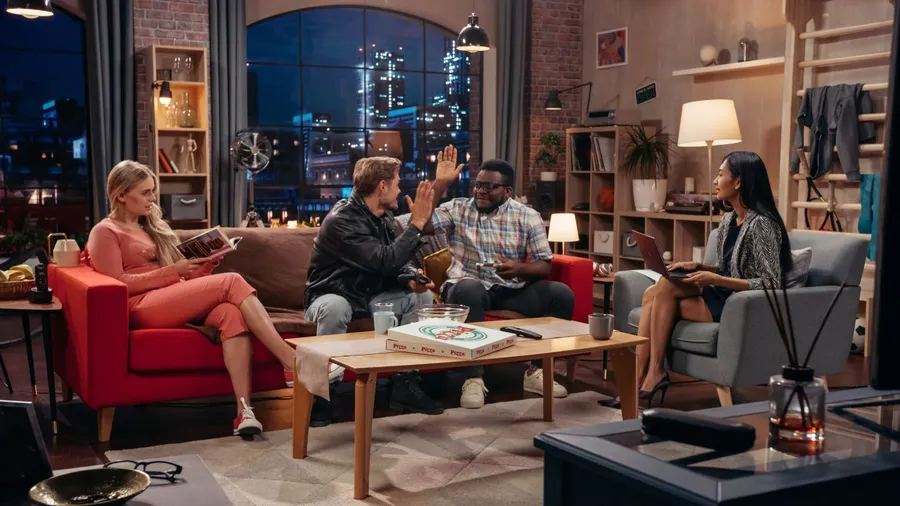 A Friends inspired living room interior with four friends hanging out, a shelf with decor accents, a wooden coffee table, and a rug.