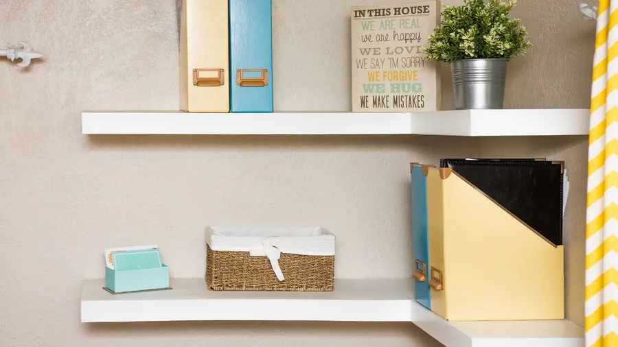 Two white floating corner shelves simply decorated with metallic planter, files, and woven storage basket.