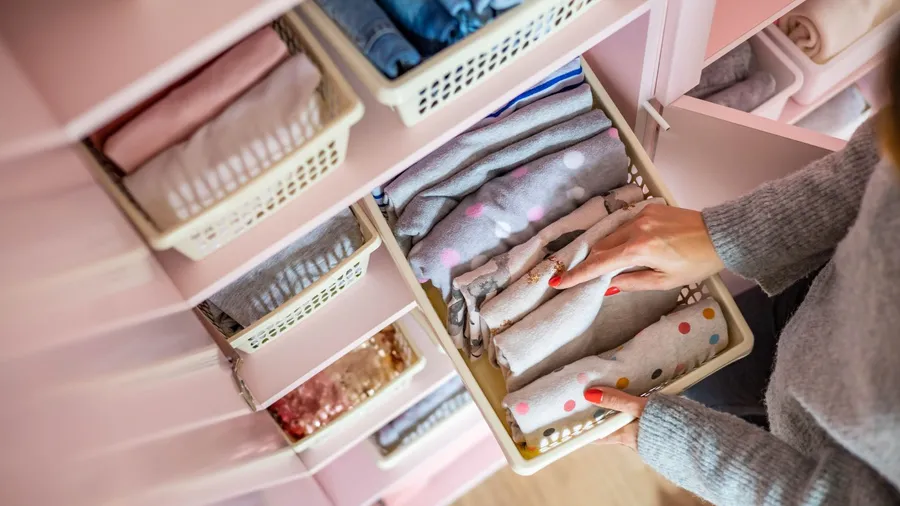 A woman putting folded clothes on a shelf in a cupboard.