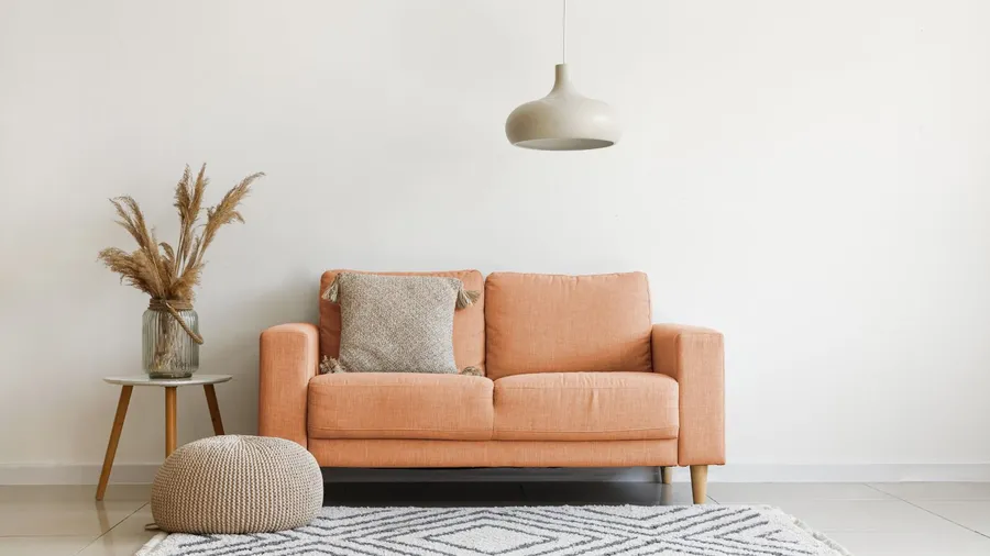 A living room interior with a peach sofa with cushion, table, floor cushion, and a rug.