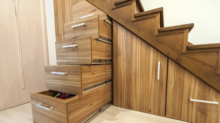 Wooden stairs with built in wooden drawers and cabinets for storage.