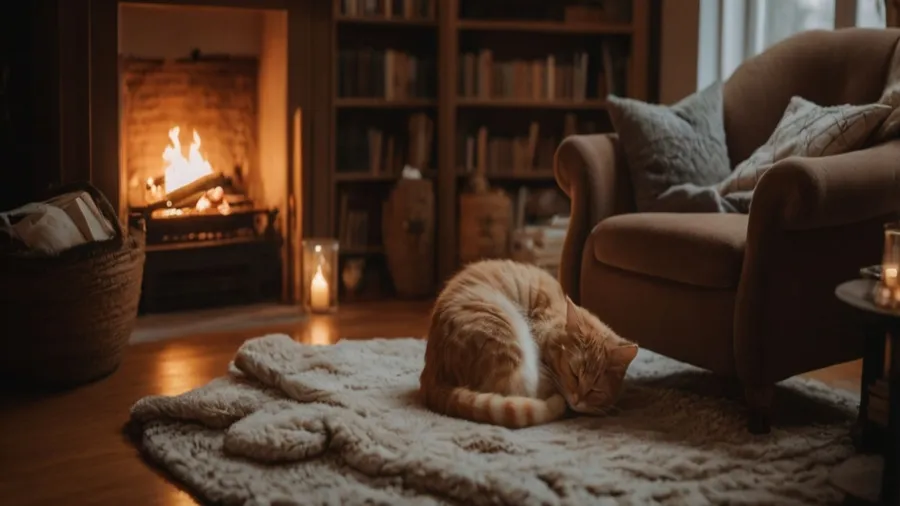 A cozy living room with a fireplace, a plush armchair, and a cat sleeping on a high-pile faux fur rug.