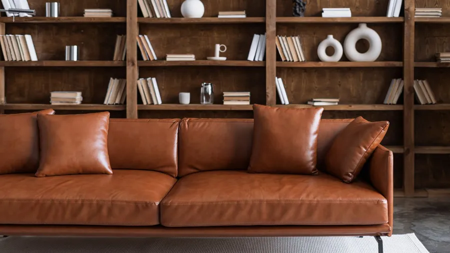 A leather sofa with cushions in front of a wooden bookshelf with books and sculpted decor accents.