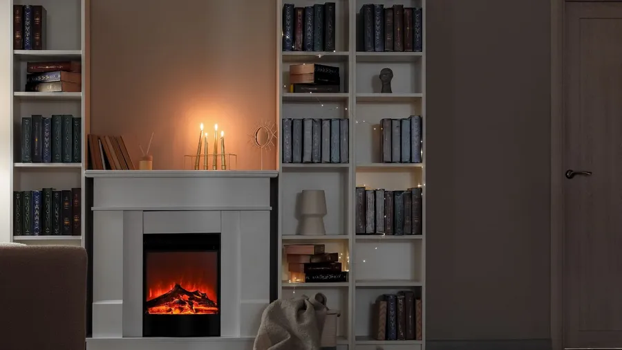 A cozy living room interior with fireplace and bookshelf with books and decor accents.