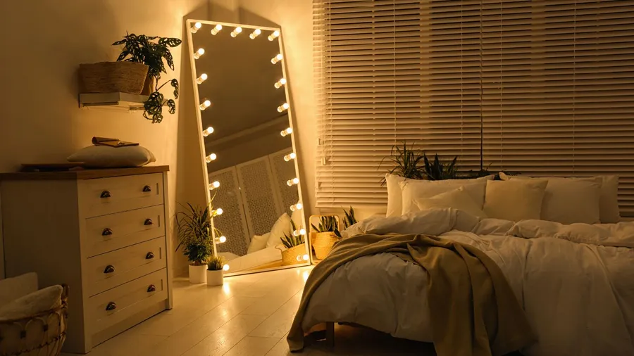 A bedroom interior with a full-length illuminated mirror, a dresser, a bed with a beige throw, plant pots, and a window with blinds.