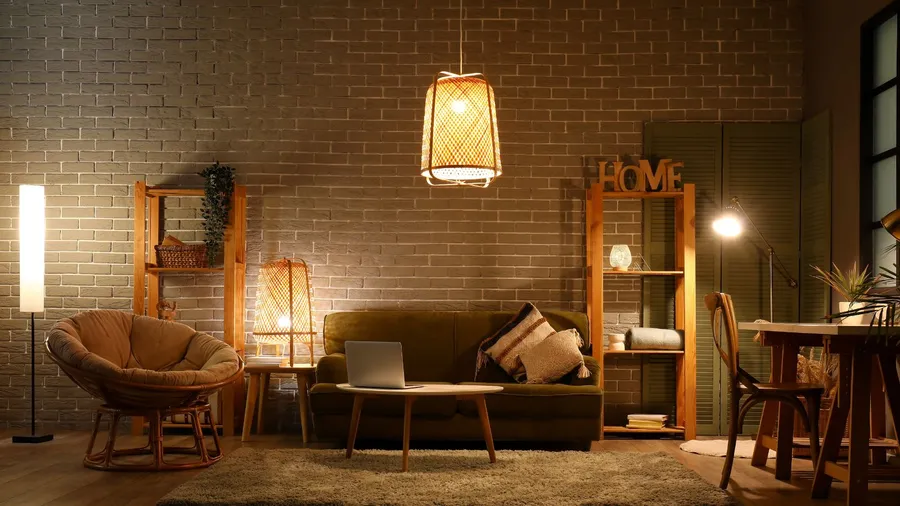 A living room interior with a cozy sofa, papasan chair, rug, wooden shelf, decor pieces, and layered lighting.