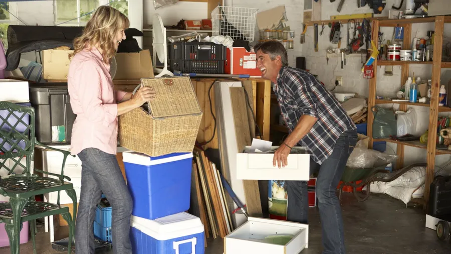 A couple organizing items in a cluttered garage.