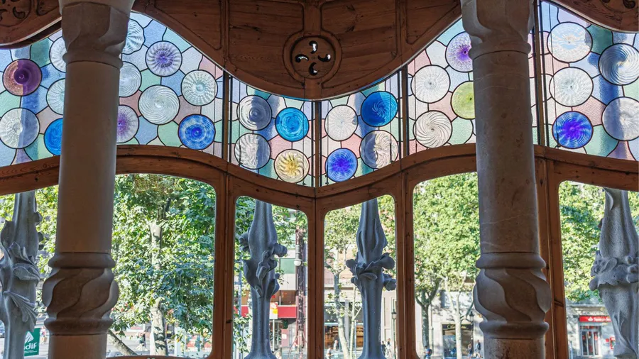 Interior of Famous Casa Batllo in Barcelona - Detail of the Stained Glass Windows, Spain.