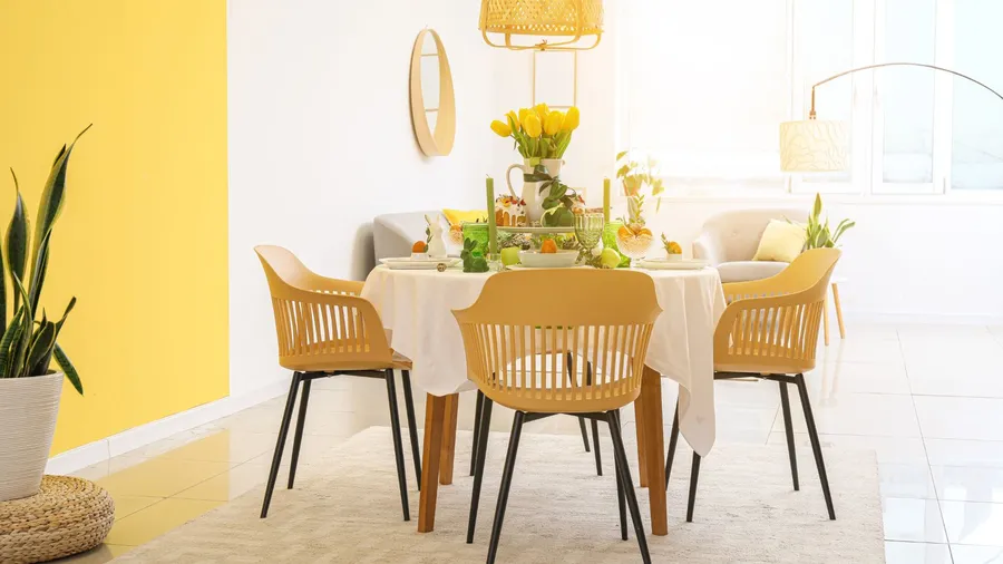 A colorful breakfast nook with citrus yellow wall, a wooden table, chairs, potted plant, and dinnerware and food set on the table.