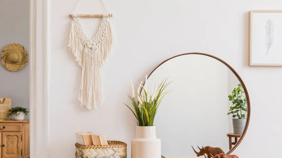 Sunny boho interiors of apartment with macrame, mirror, dressing table, furnitures, flowers, plants, rattan box, books, sculpture, and design accessories. Stylish home decor.