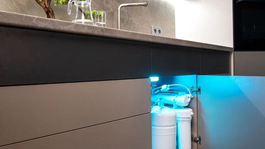 A kitchen interior with gray drawers, marble countertop, and an under sink filtration system.