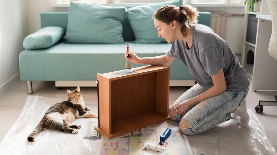 A woman painting a wooden drawer with a cat lying nearby.
