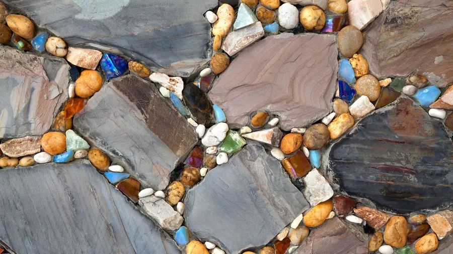 An outdoor art with mosaic stepping stones.