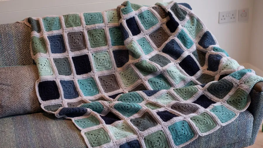A cozy handmade geometric patterned throw blanket on a couch.
