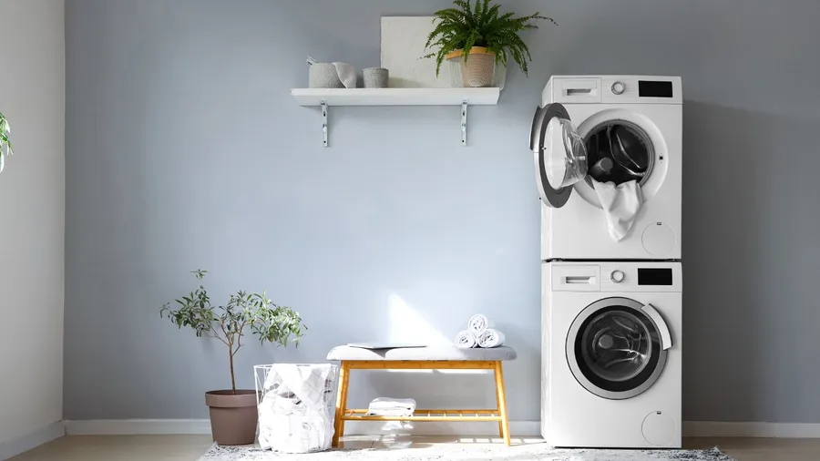 A laundry room interior with washing machines, floating shelf, plant, basket, rug, and a storage bench.