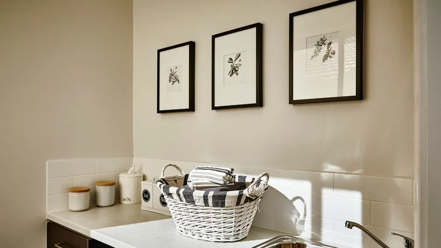 A laundry room with laundry basket and detergent on the countertop and art frames hanging on the wall.