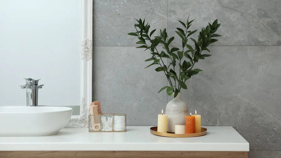 A beautiful vase and burning candles on a metal tray on a bathroom vanity.