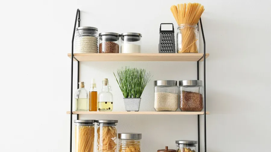 Set of jars with products on kitchen shelves