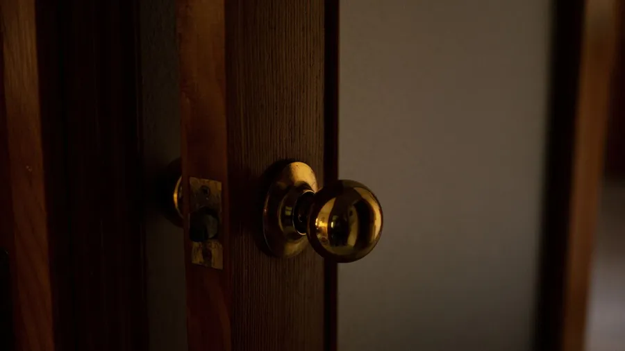 A sleek wooden door with a golden knob.