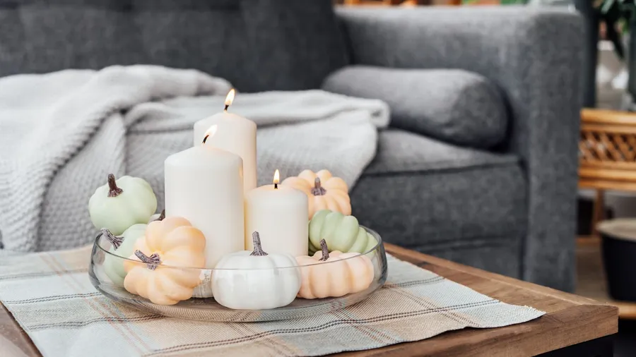 A glass tray with decorative pumpkins and candles on a wooden coffee table.