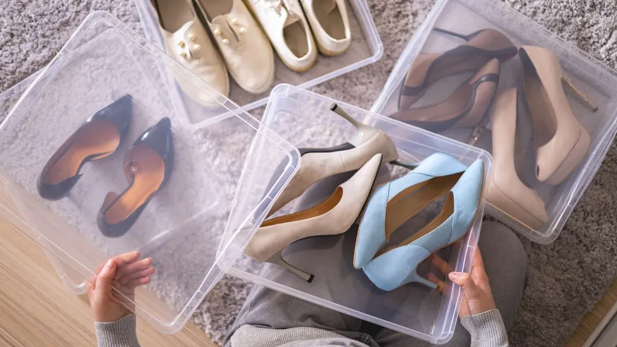 A woman organizing her shoes in clear containers.