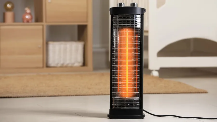 A black compact heater on a marble floor.